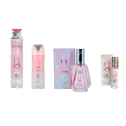 Lattafa Yara 4-Piece Set for Women Eau De Parfum + Deodorant Spray + Air Freshener + Roll-On Perfume Oil, Long Lasting Perfume, Floral
