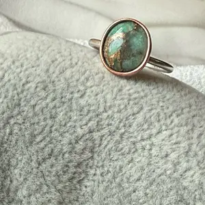 Handmade Sterling Silver Oval Bezel Set Mohave Copper Amazonite with Copper Setting Detail | Mohave Copper Amazonite Ring | Smjewelrybyhand26 | Mixed Metal Jewelry | Handcrafted Jewelry | Sterling Silver and Copper Jewelry