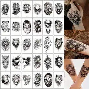 30pcs Waterproof temporary tattoos for men and women - featuring fierce beasts, dragons, tigers, eagles, wolves, with a dark and powerful style. Long-lasting, realistic arm stickers, suitable for both men and women.