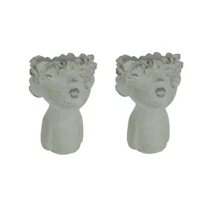 Set of 2 Kissy Face Planters - 7in White Concrete for Whimsical Succulents