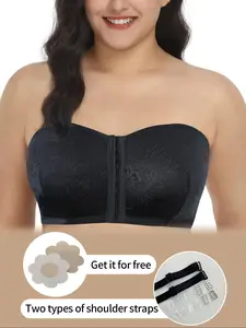 【Plus Size】 Solid Color Bandeau Strapless Bra, Comfortable Breathable Push Up Bra with Shoulder Straps, Women's Lingerie for All Seasons, Soft Breathable Bra
