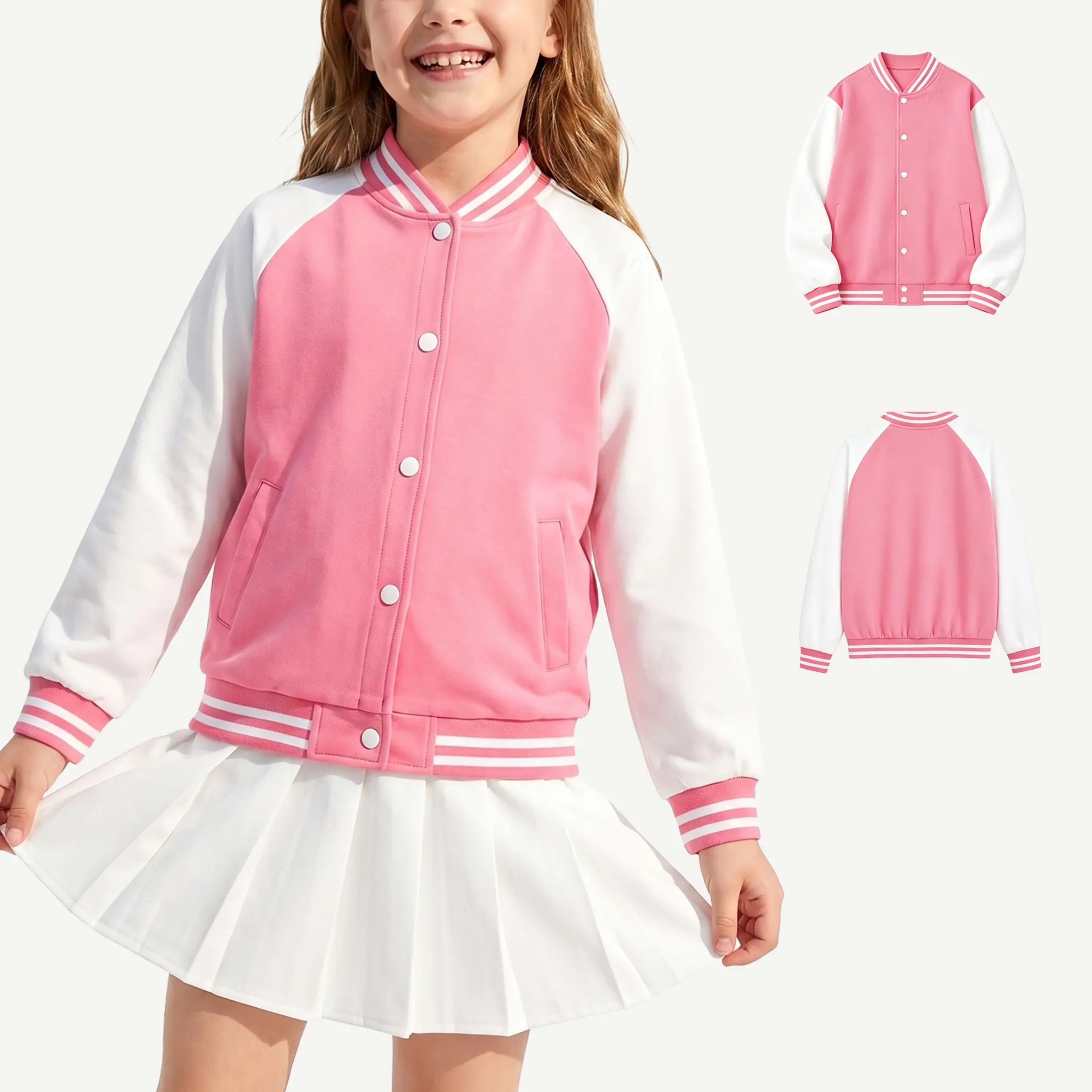Kids' Varsity Jacket Tops, Unisex Loose Fit Polyester Outerwear with Snap Buttons, Comfortable Warmth Fit, Jackets, Long Sleeve, 100% Polyester, Outdoor Play, 6 - 7 Years, Boys, Child Size, Daily Life, Windproof, Baseball Jacket