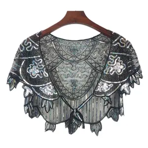 Vintage Beaded Sequin Mesh Shawl Cape Elegant Hollow Out Lace Bolero Jacket for Women Evening Dress Party Wedding Cover Up