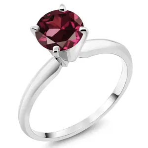 Gem Stone King 14K White Gold Red Rhodolite Garnet Solitaire Engagement 4-Prong Ring For Women | 1.00 Cttw | Round 6MM | Gemstone Birthstone