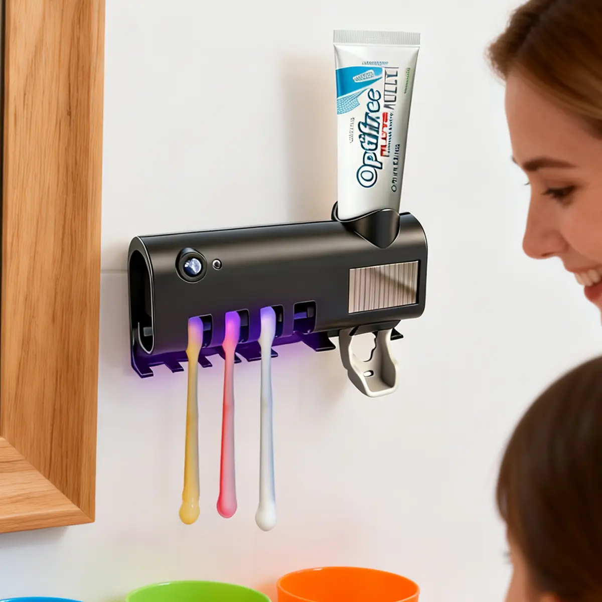 Multifunctional Modern ABS Plastic 4-Slot Toothbrush Holder Organizers - Wall-Mounted, Drill-Free Self-Adhesive,UV Sanitizer, Integrated Toothpaste Dispenser, Cordless,Dust/Moisture Guard, Space-Saving Apartment Stuff (BoxPackaging for Small Bathrooms)