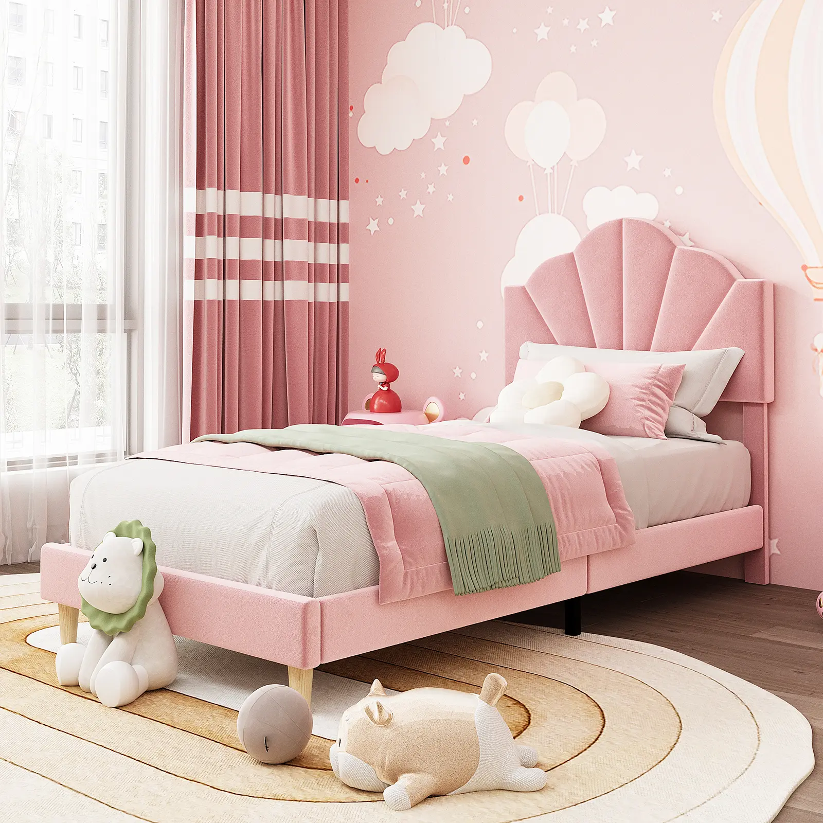 Twin Pink/Blue Bed Frame with Shell Headboard – Velvet Upholstered Bed Frame with Adjustable Headboard, Platform Bed with Strong Wood Slat Support – No Box Spring Needed, Noise‑Free