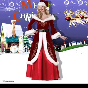 Mrs Clause Red Velvet Christmas Costume with Faux Fur Trim and Embroidery for Festive Events