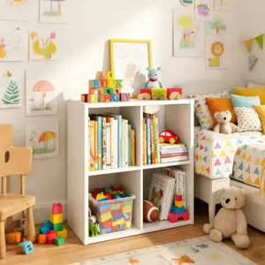 Endearing Limons Wooden Thick Border 4-Cube Storage Organizer,  Reversible Open Back Bookcase with Anti-Tipping Device, Multifunctional Cube Shelf for TV Stand, Bedroom, Living Room, Study and Nursery