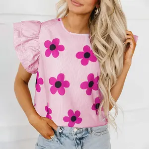 Pink Pinstripe Floral Print Ruffled Flutter Sleeve Blouse