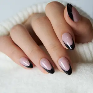 Curvlife medium almond french gel press on nails pink glossy-shiny french easy apply nail art