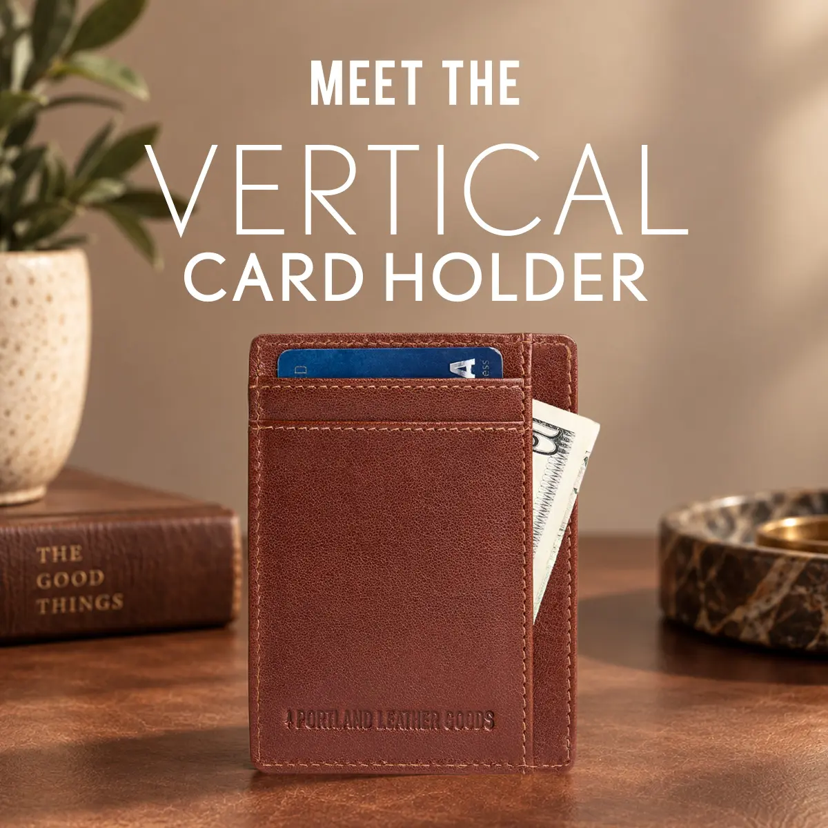 Portland Leather Vertical Card Holder - Handcrafted Real Leather Minimalist Card Case with Center Cash Pocket