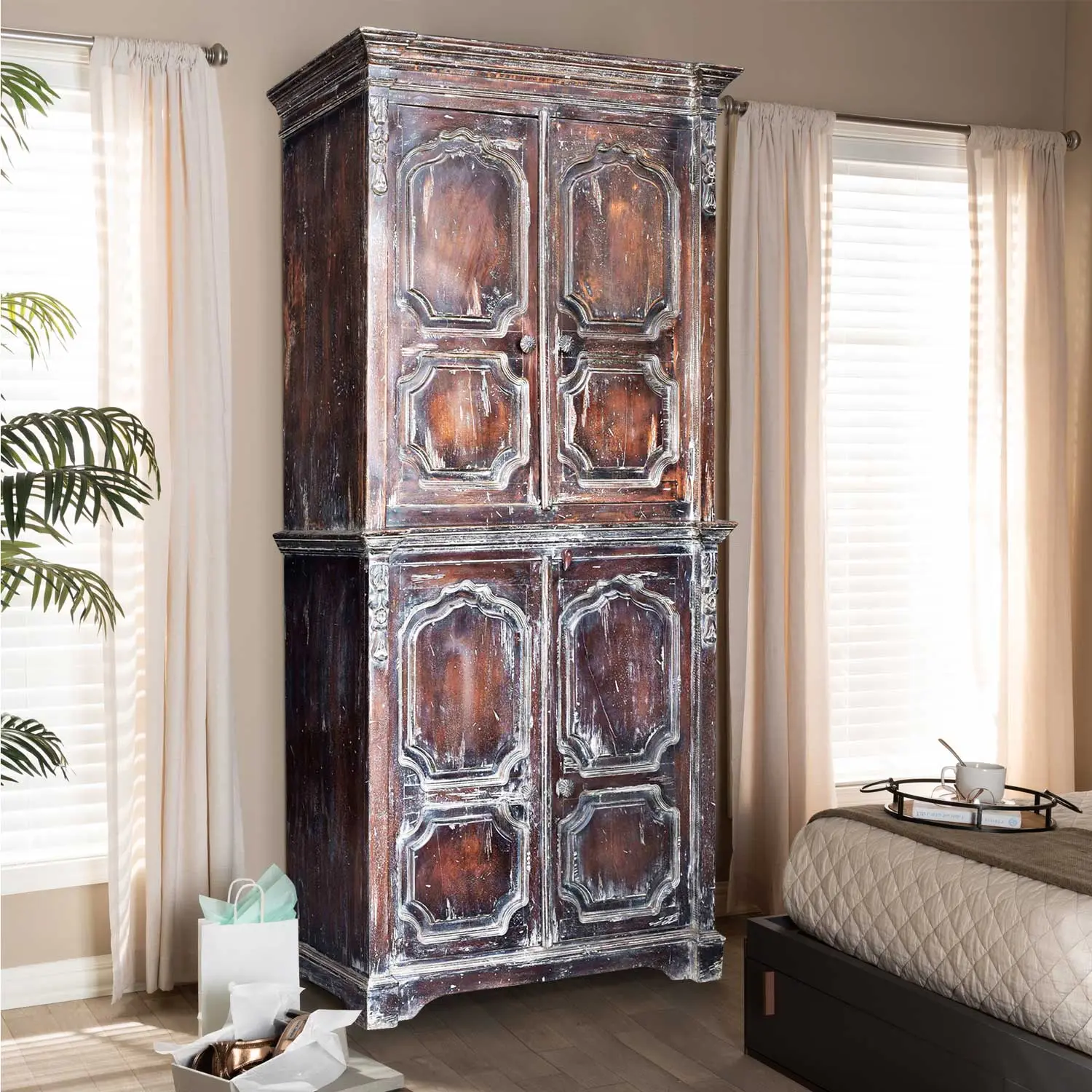 Vintage French Style Elegant Solid Wood Distressed Armoire