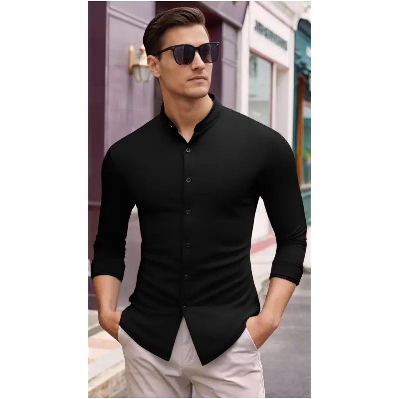 Men's Stretchy Long Sleeve Button-Up Shirt, Athletic Fitted Menswear, 92% Polyester 8% Spandex, Wrinkle-Free, Matching Simple Stylish Classic Design, Casual Wear (Runs Large)