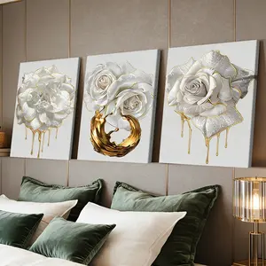3 Counts Wooden Framed Canvas Painting, Elegant White And Gold Rose Art Images, Exquisite Poster, Perfect Gift, Decor For Living Room, Bedthroom, Modern Art, Fashion Family Poster, Wall Art Decoration