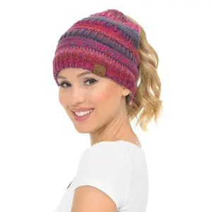 C.C MB705 - Soft Stretch Cable Knit Warm Hat High Bun Ponytail Multi Color Tribal Beanie