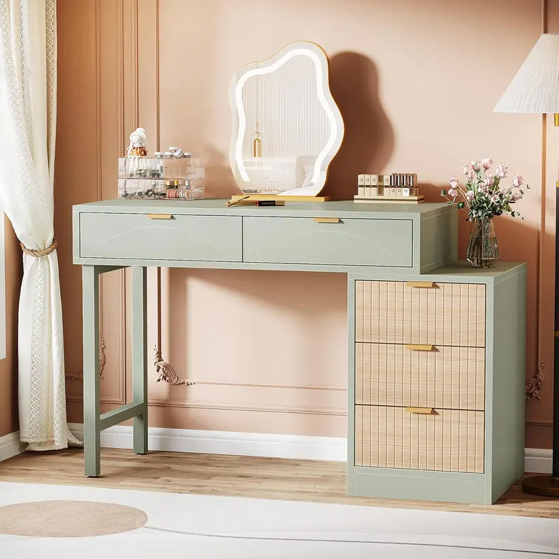 Tribesigns Makeup Vanity Desk with 5 Drawers, Modern Small Dressing Desk with Storage, Wood Make Up Table for Bedroom, Narrow Space (Without Mirror), Mint Green