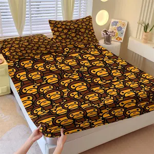 3Pcs Monkey Face Repeating Pattern Fitted Sheet Set, Stylish Brown and Orange Color Palette, Cozy and Durable Bedding for a Playful Bedroom Makeover, Perfect for Kids and Jungle Lovers!, No Pillow Core