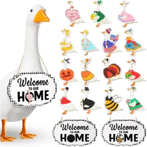 16 count Interchangeable Porch Goose Welcome Sign Seasonal Holiday Goose Sign with Wooden Holiday Geese  for 23"Cement Plastic Porch Geese Outdoor Statue Patio(Black,White Check,Oval)