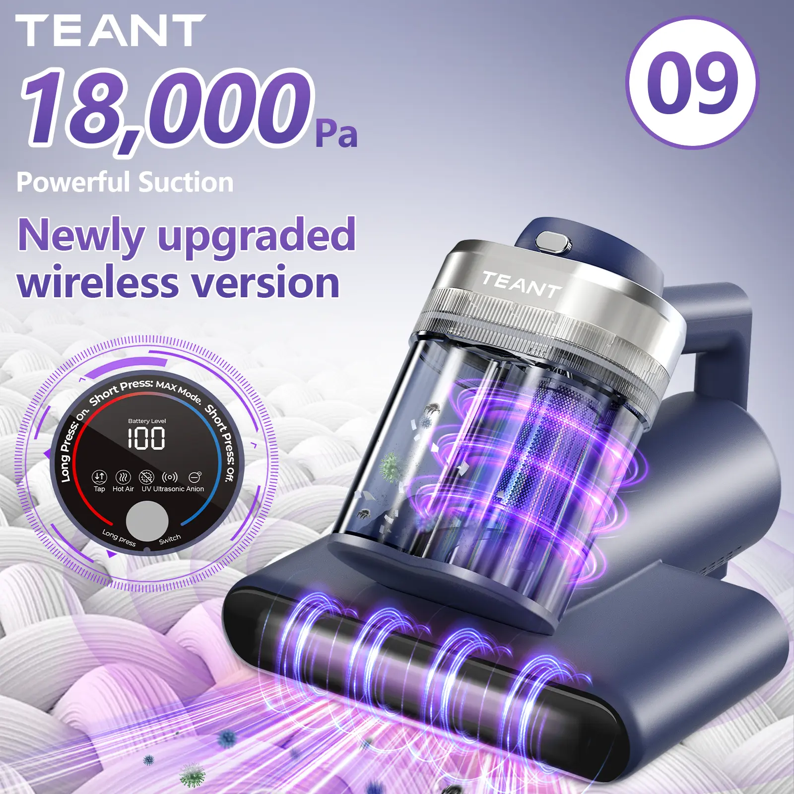 Teant 18kPa Cordless UV-C Sanitizing Vacuum(09)with Smart LED Display & 2-Speed Suction, 33,000 RPM Roller Brush, HEPA, 149°F Heat, Aroma & Anion for Deep Cleaning Mattress, Sofa & Cushion. TikTokShopSummerSale.,dorm essentials,home essentials