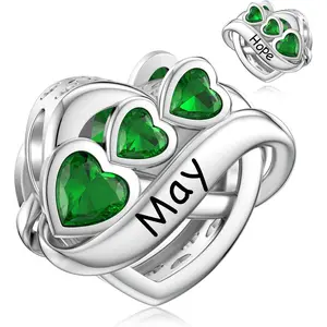 Birthstone Charm for Charms Bracelet, 925 Sterling Silver Endless Love Heart Engraved Charm, Happy Birthday Charms for Bracelet Necklace