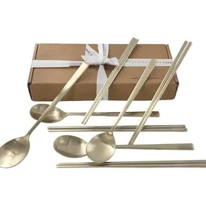 Korean Made Traditional Utensil Chopstick Set Flatware Champagne  Stainless Steel Spoon & Chopsticks Comfortable Grip Stocking Stuffer