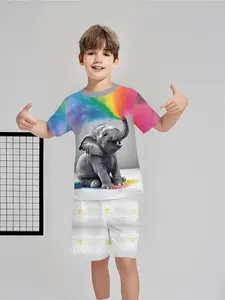 Rainbow Elephant Water Spray Style Boys' Two-Piece Children's Set, Short Sleeve and Shorts Set, 100% Polyester Casual Loose Fit Set, Summer Fun Printed Pattern, Outdoor Sports T-Shirt Set, Perfect Gift for Boys