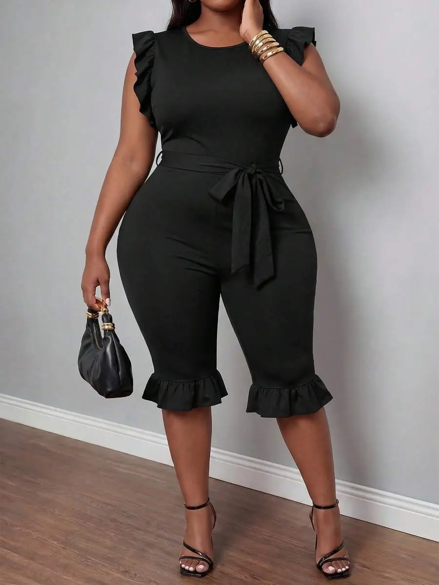 KYLER Women's Ruffle Sleeveless Fitted Cropped Jumpsuit With Belt, Black