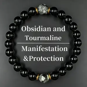 Obsidian & Black Tourmaline Bracelet - Manifestation & Protection Healing Crystal Beads Jewelry for Men & Women, Christmas Gift, Gifts for Mother's Day, Father's Day, Valentine's, Birthdays, Anniversary, Black Grounding Stone Beaded Bracelet tiktokshopspr