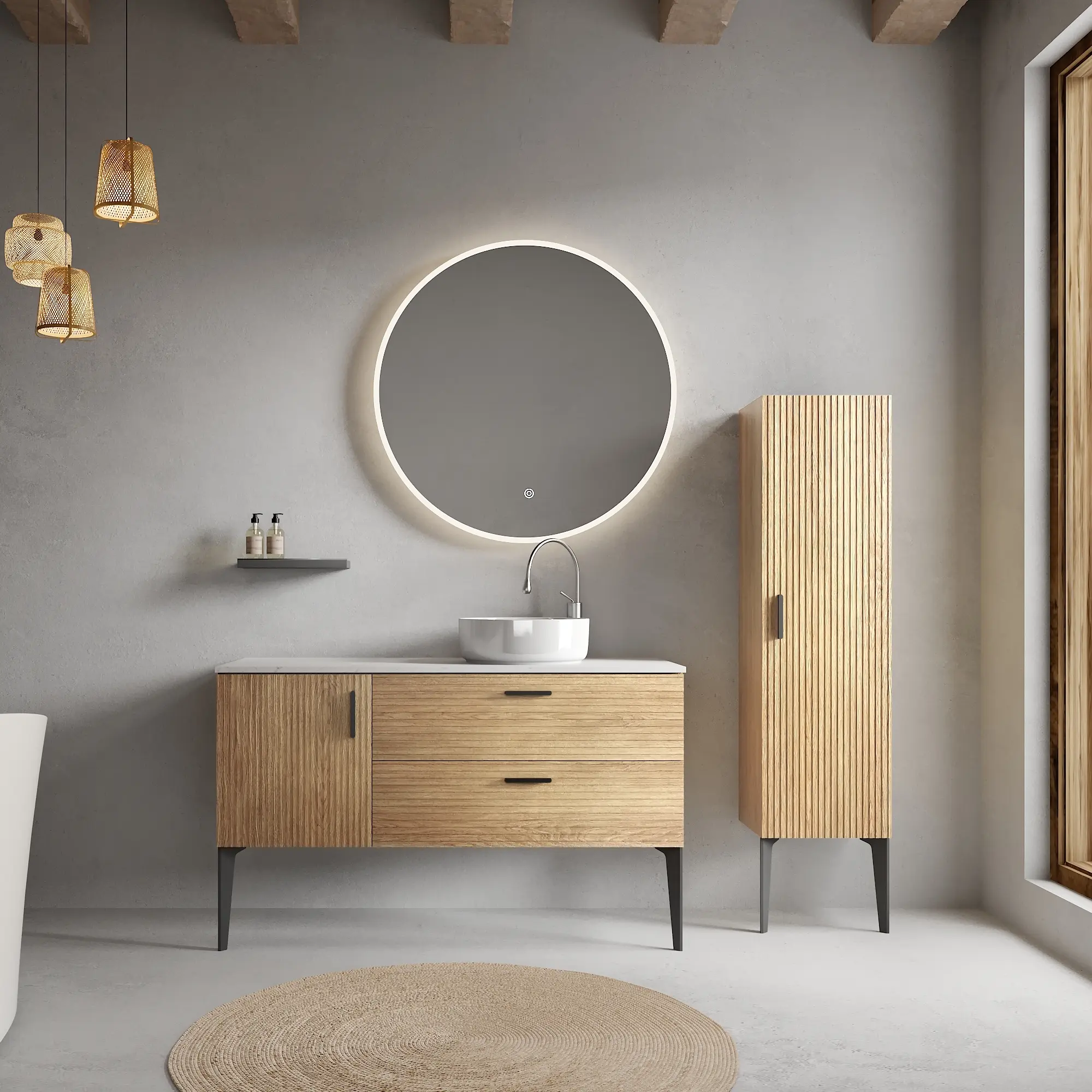 Emilia 48-Inch Striped Natural Oak Bathroom Vanity with Sink, Freestanding Floor Cabinet for Modern Bathroom, KD Assembly, Single Sink Vanity, Wood Bathroom Furniture