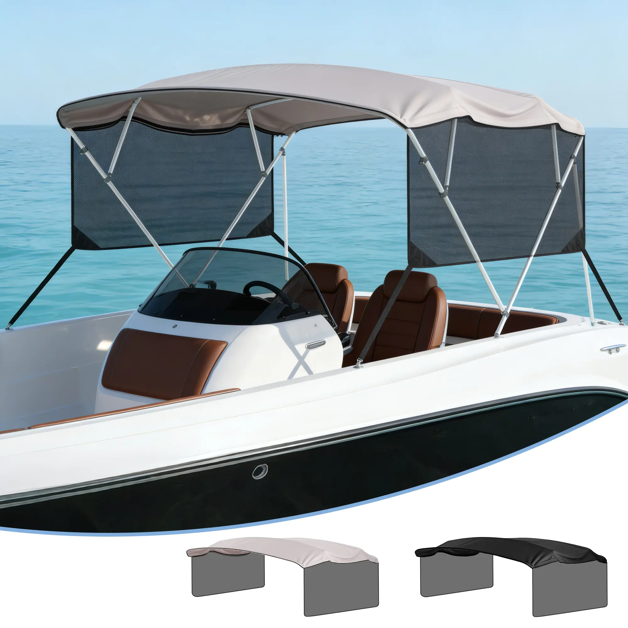 Gaomon 3-Bow & 4-Bow Bimini Top Replacement Canvas - 600D Marine Grade Kayak Sun Cover Shade Sails, Heavy Duty Outdoor Shade Solutions, Mesh Side Curtains, Storage Boot, Privacy Feature, No Frame, Fits 8'L x 91-96"W, Black Boat Cover, Sailboat