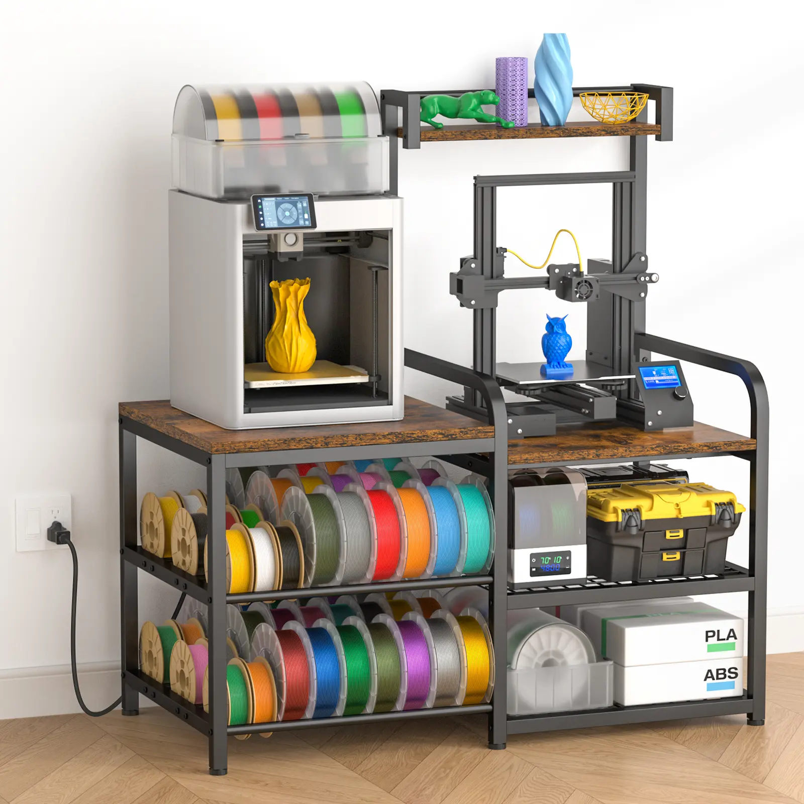 Heavy-Duty Metal Rectangular Frame 3D Printer Stand Organiser with Charging Station, Dual Printer Rack Workstation Table, Large-Capacity Filament Shelf, Holds Up to 48 Filament Spools for Maker Studios