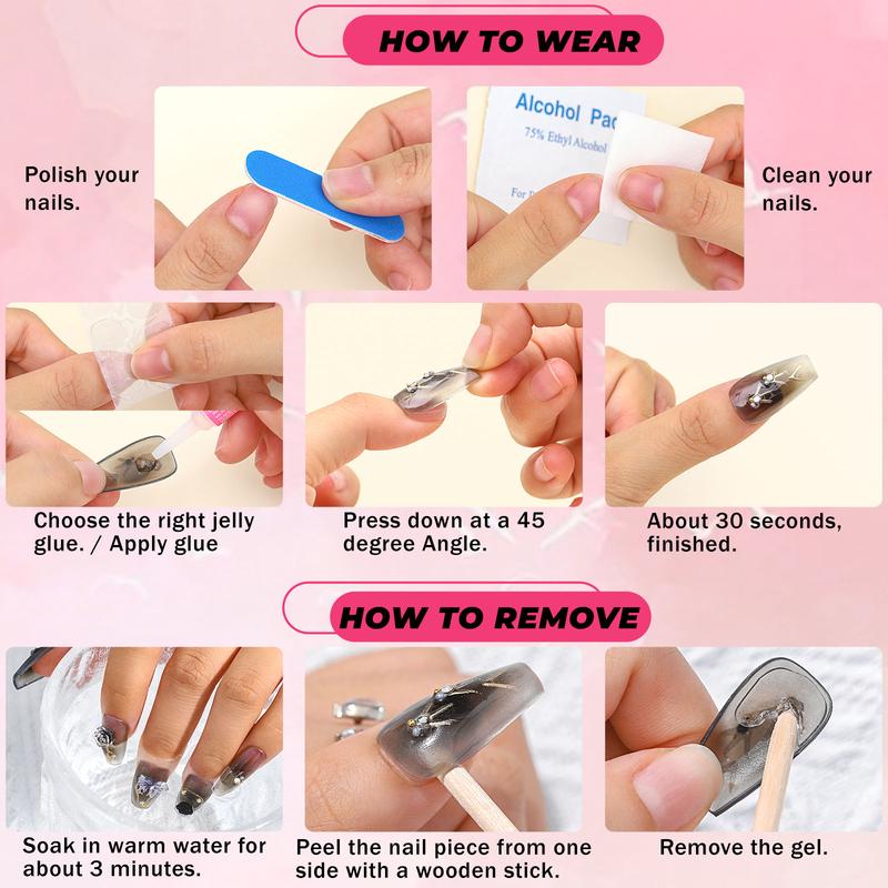 Sethexy Luxury Purple Rhinestone Handmade Fake Nail 3D Heart Crystals Long Coffin Press on Nails Butterfly Bow Bunny False Nail Salon Durable Quality Nails for Women and Girls 10Pcs easy press