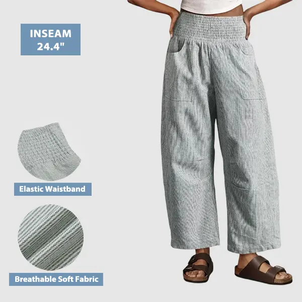 Flamingals Stitch Detail Smocked Elastic High Waist Barrel Leg Pants Womenswear 24.4" Inseam