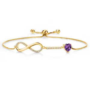 Gem Stone King 18K Yellow Gold Plated Silver Heart Shape 6MM Gemstone Birthstone and White Moissanite Infinity Tennis Bracelet For Women | Adjustable Bolo Bracelet For Women | Easy-On Easy-Off