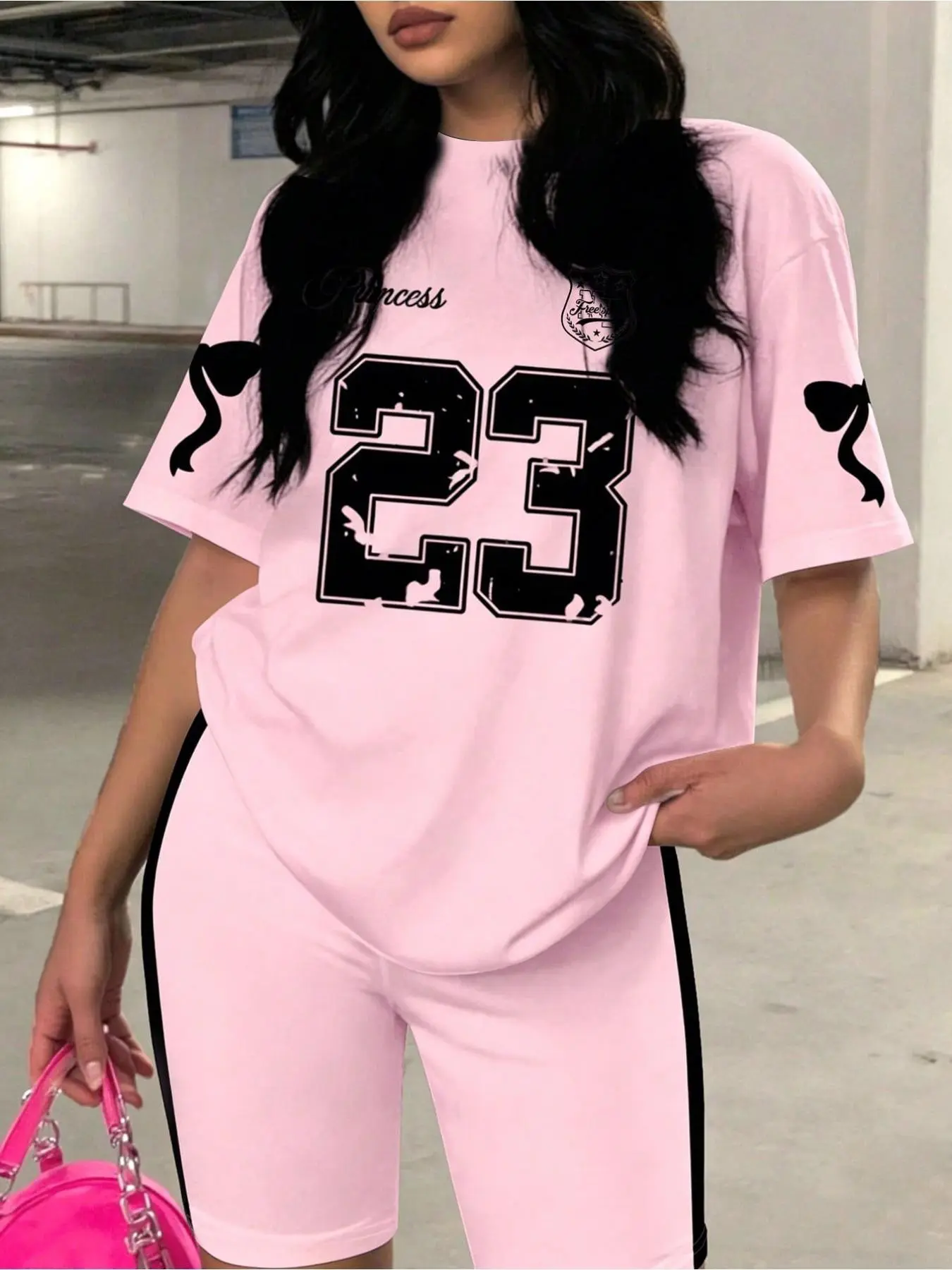 Women's letter 23 striped printed round neck short sleeved Fitted T-shirt and shorts casual Everyday Matching two-piece set clothes Summer sets casual