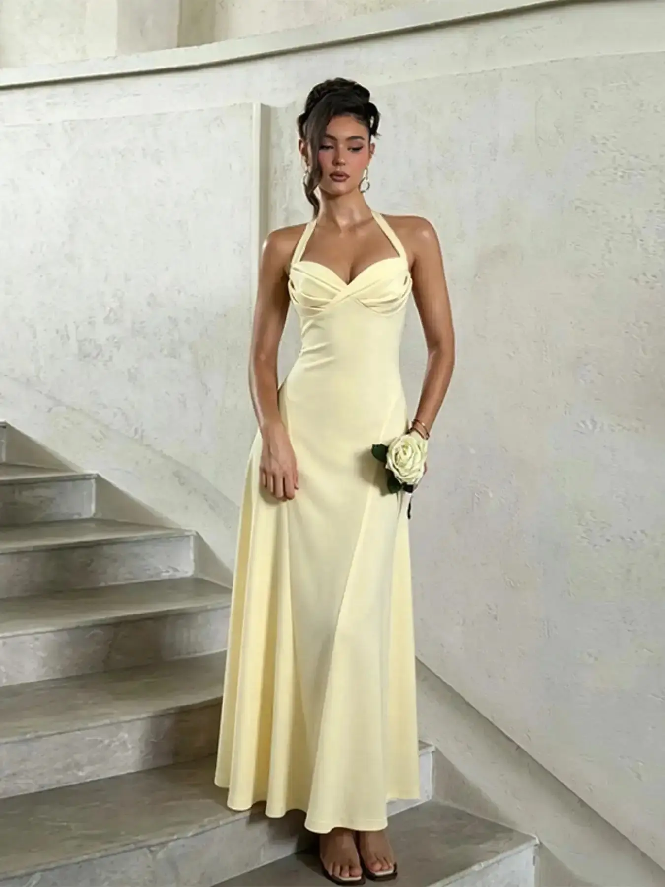 Women's Elegant Formal Halter Sleeveless Dress, Fitted Solid Pattern Vacation Summer Plain Style, Refined Feminine Timeless Appeal Graceful Flow Stunning Presence, Resort Ready Event Chic Silhouette Romantic