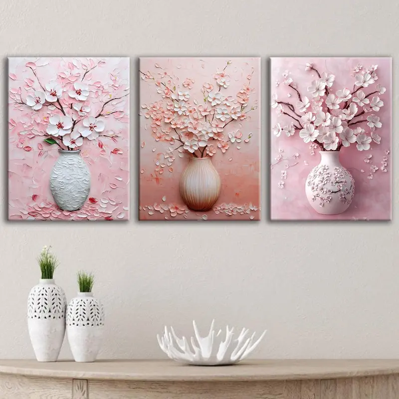 Wooden Framed Canvas Painting, 3 Counts/set Flower Pattern Wall Art, Floral Wall Art, Wall Decor for Home Living Room Bedroom Office, Ornaments