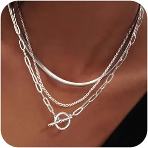 Layered Necklace Set for Women, 3 Pcs Dainty Stackable Necklaces with Snake Chain Rope Chain Paperclip Chain & OT Toggle Clasp, 14K Plated/Sterling Silver Plated Trendy Minimalist Jewelry Gift