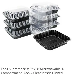 Tops Supreme 9" x 9" x 3" Microwavable 1-Compartment Black & Clear Plastic Hinged Container - 100/Case