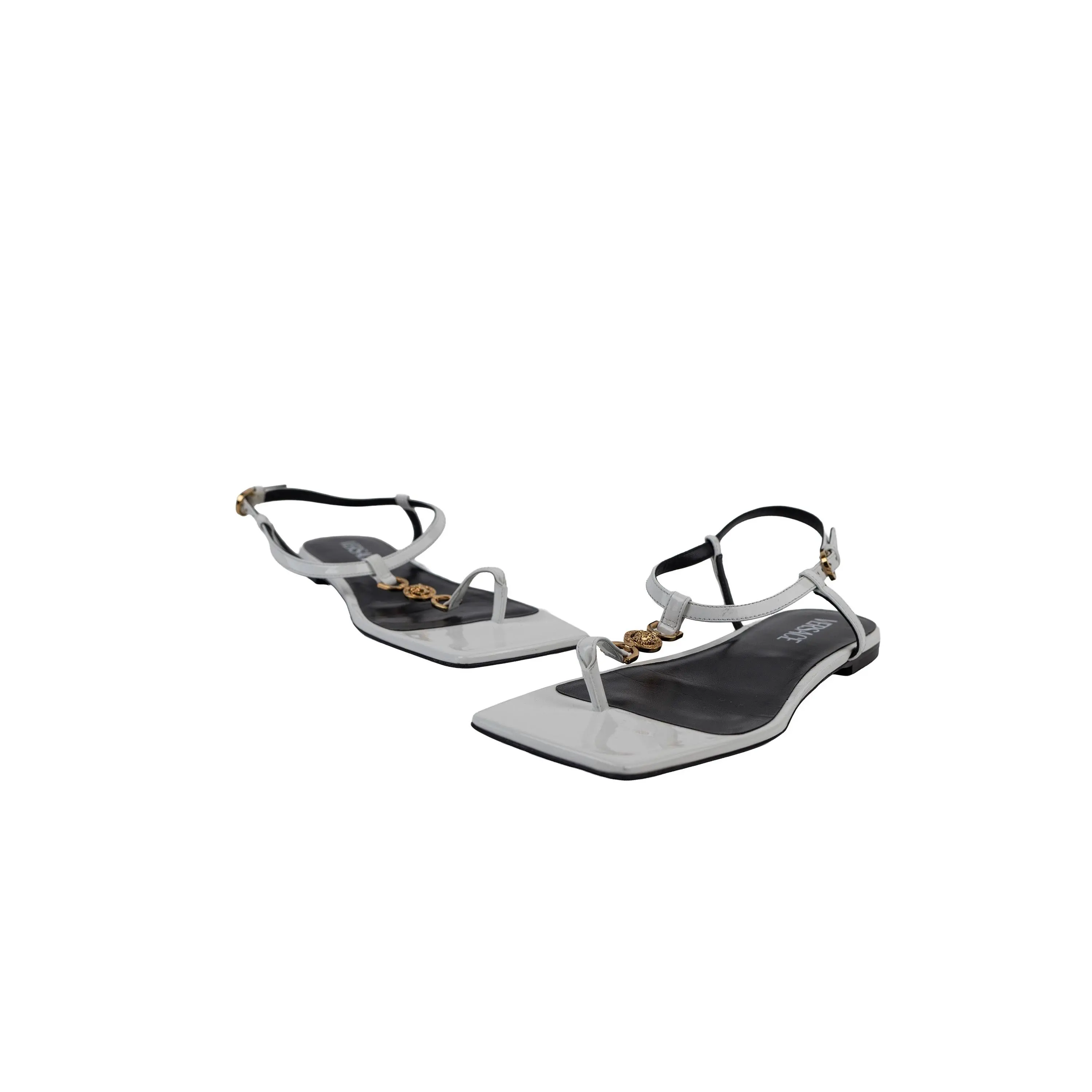 Versace White Black Medusa Thong Leather Flat Sandals Size 38