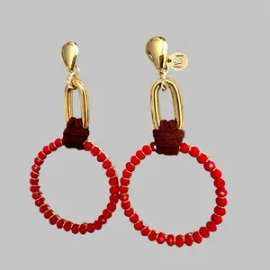 Drop Earrings - Red  Beaded Crystals with leather Design with Gold Tone Tear Drop Hook