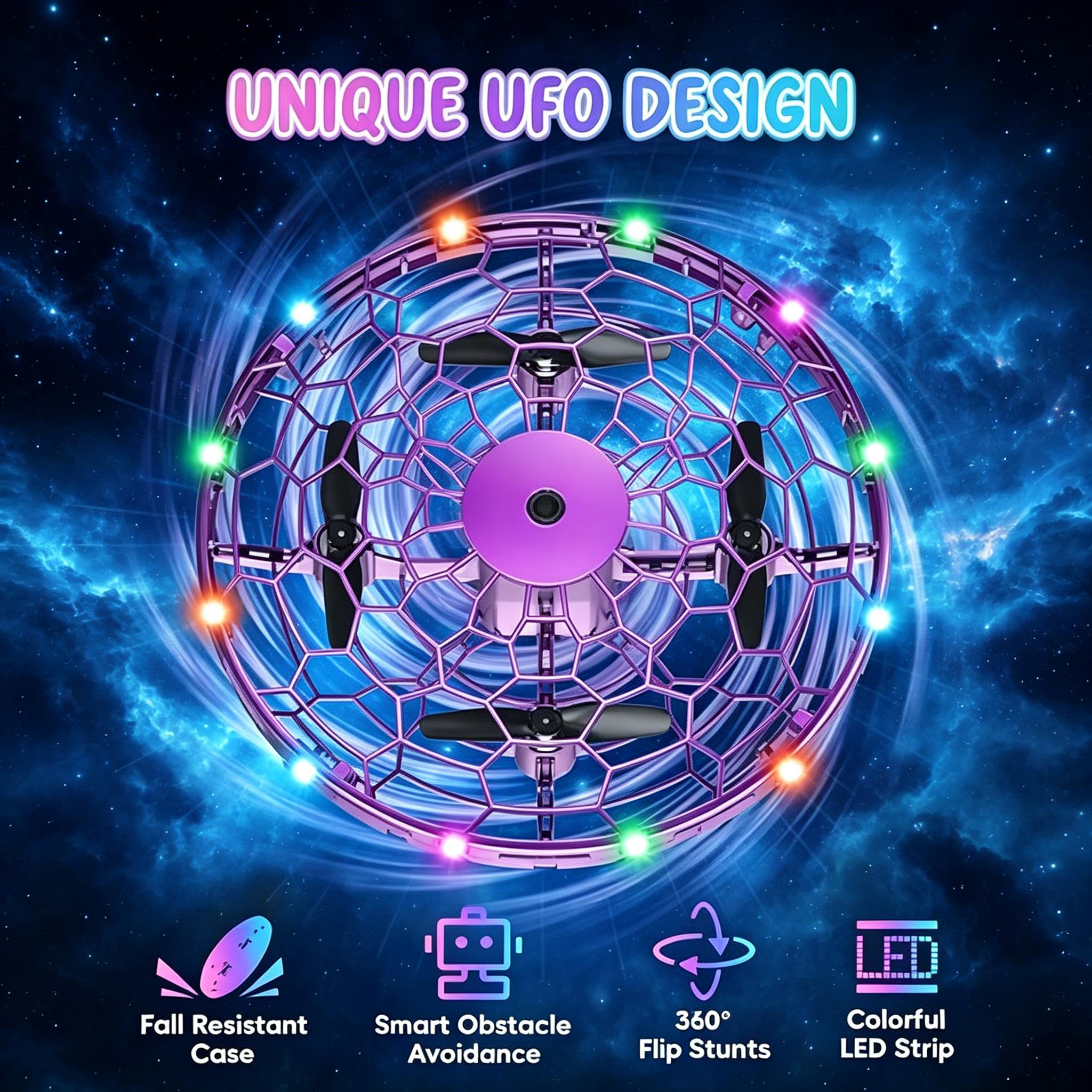 Kids Hand Operated Flying Toy Drone, 360° Motion Sensor Mini UFO Drone with LED Lights, Hands-Free Indoor Flying Ball Toy for Boys Girls Ages 6-10+ (Pink) （ / ）