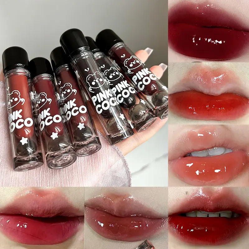 PINKCOCO Bear Doodle Mirror Lip Glaze — Long-Lasting Shiny Lip