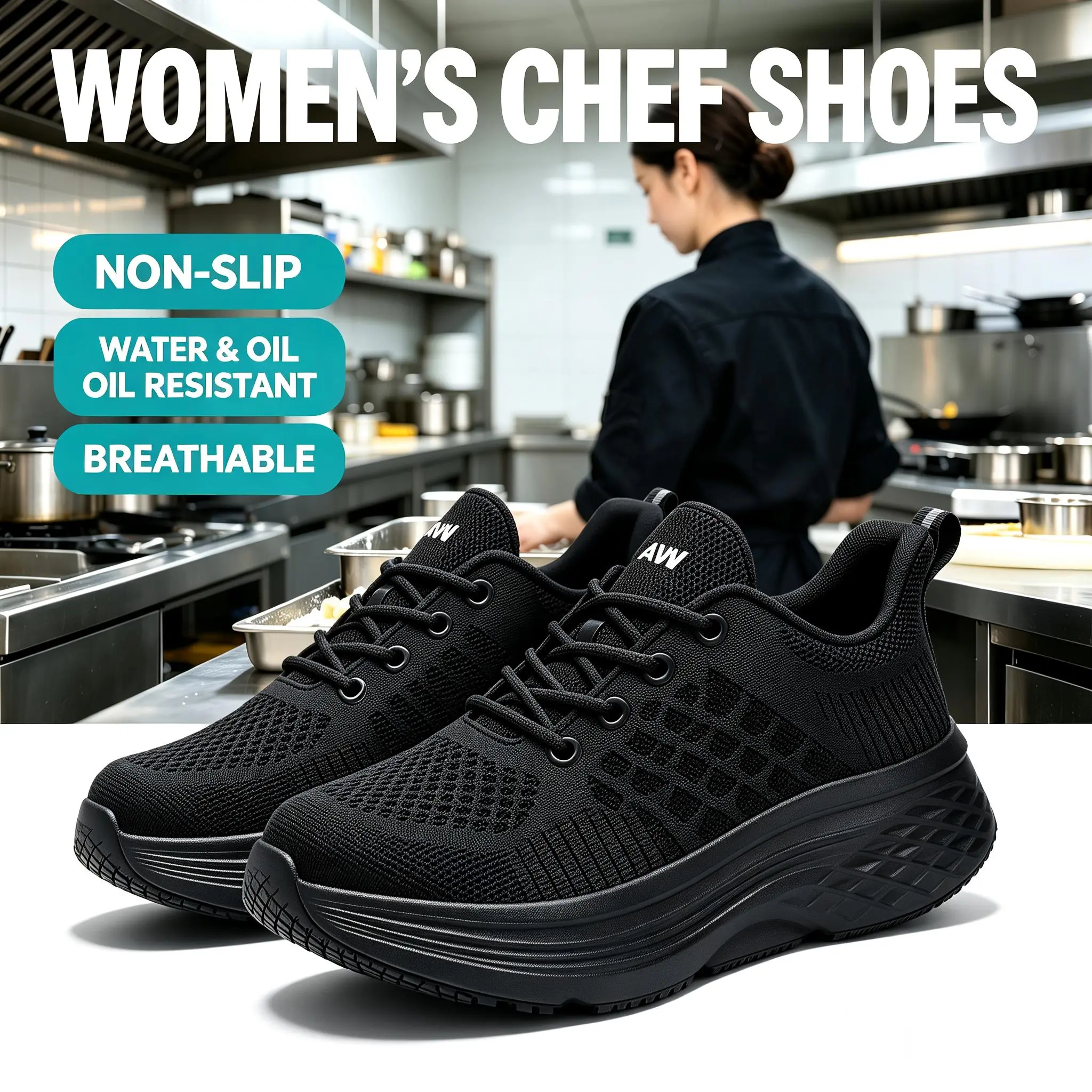 Women's Non-Slip Chef Shoes - High-Quality PU Mesh Upper, Low-Cut, Breathable, MD Rubber Cushioning Sole, EVA Insoles, Dry Fit, Lightweight, Stylish, Minimalist, Round Toe, Plain, Suitable for Indoor Kitchen Use Year-Round, Work & Safety Footwear