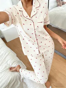 Women's Short Sleeve Long Pants Pajama Set, Cherry Print, Soft Breathable Home Wear, Casual Loose Fit, All Seasons