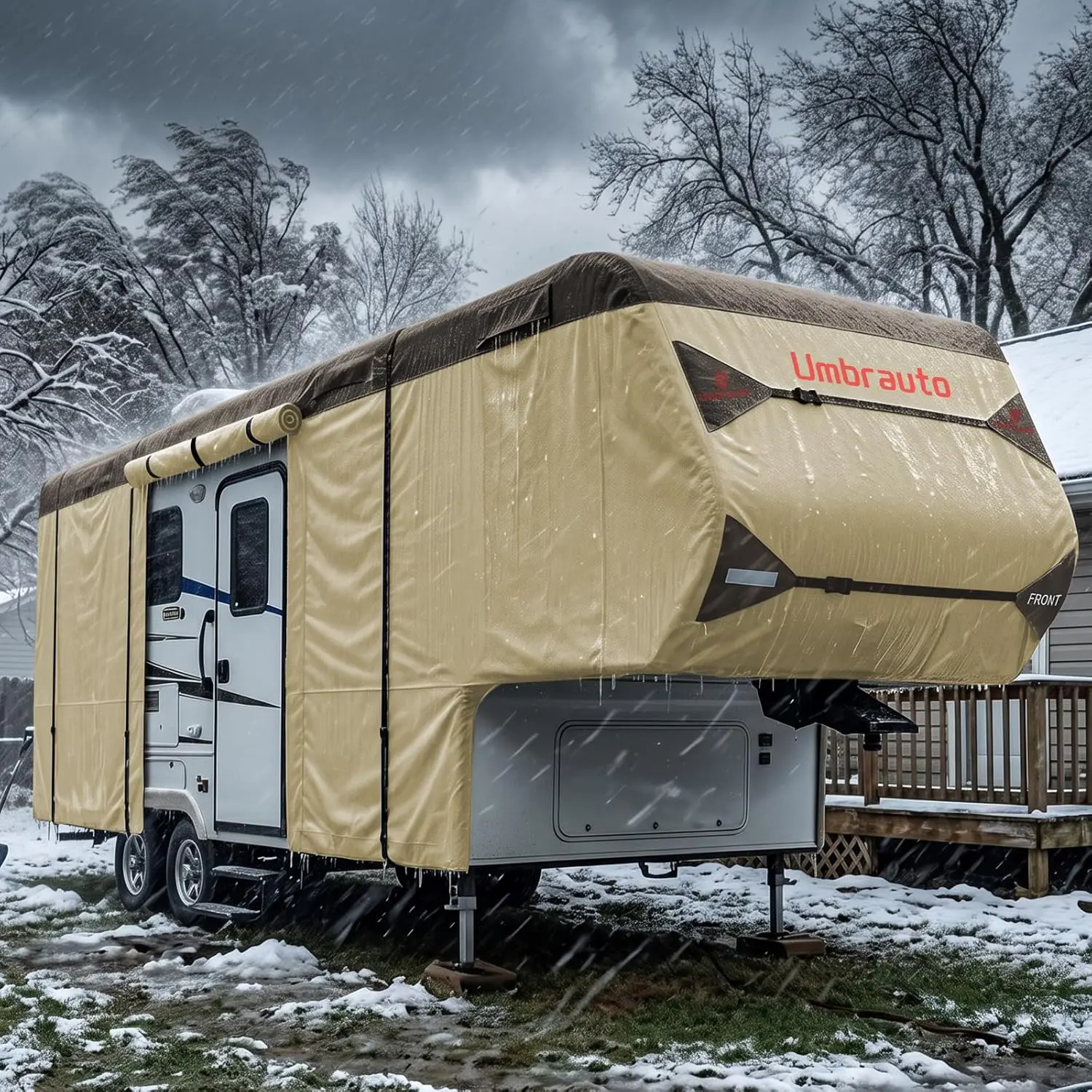 Umbrauto 5th Wheel RV Cover , Upgraded 9-Layers Top Waterproof & Windproof Fifth Wheel Camper Cover, Toy Hauler Travel Trailer Covers for Winter Snow with Tongue Jack Cover, Gutter Cover
