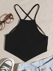 Women's Solid Ribbed Racerback Tank Romper, Casual Sleeveless Cross Strap Romper for Summer, Fashion Basic Minimalist Women's Clothing for Daily Wear, Womenswear