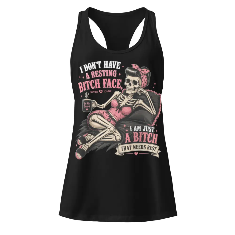 Women's Racerback Tank Top - Funny "Resting Bitch Face" Skeleton Graphic, Comfy Sleeveless Cotton Polyester Blend Fabric, Matching, Seamless, Breathable, Fitted, Jersey, Lightweight