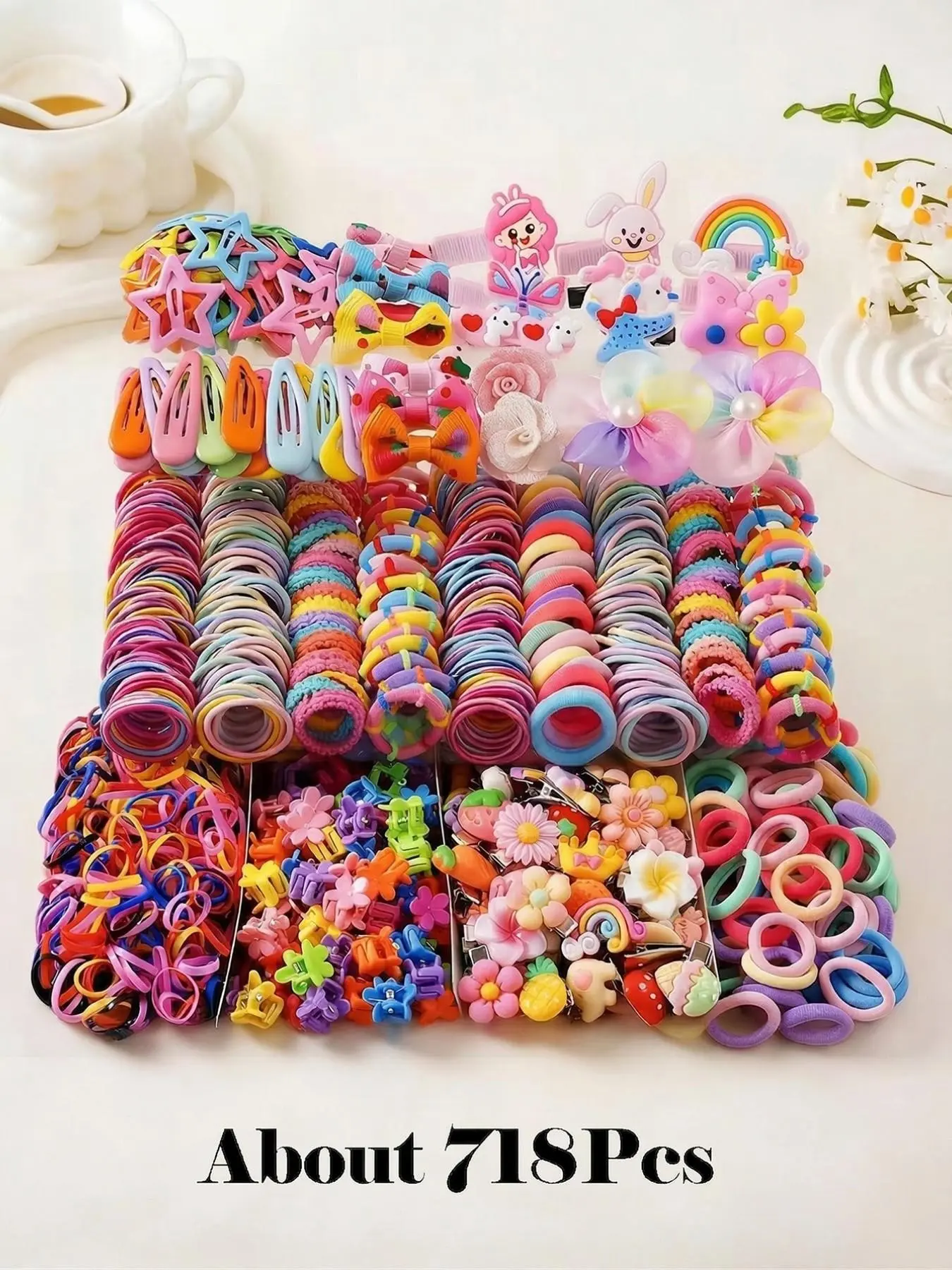 718/719pcs Girls' Pink Bowknot, Cute Cartoon Bowknot, Rose Bow, Cute Princess Hair Clips, High Elastic Non-Damaging Hair Ties, Hair Bands, Rabbit Ear Hair Rings, Suitable For Daily Use, Hair Accessory Set, Hair Accessories Sets