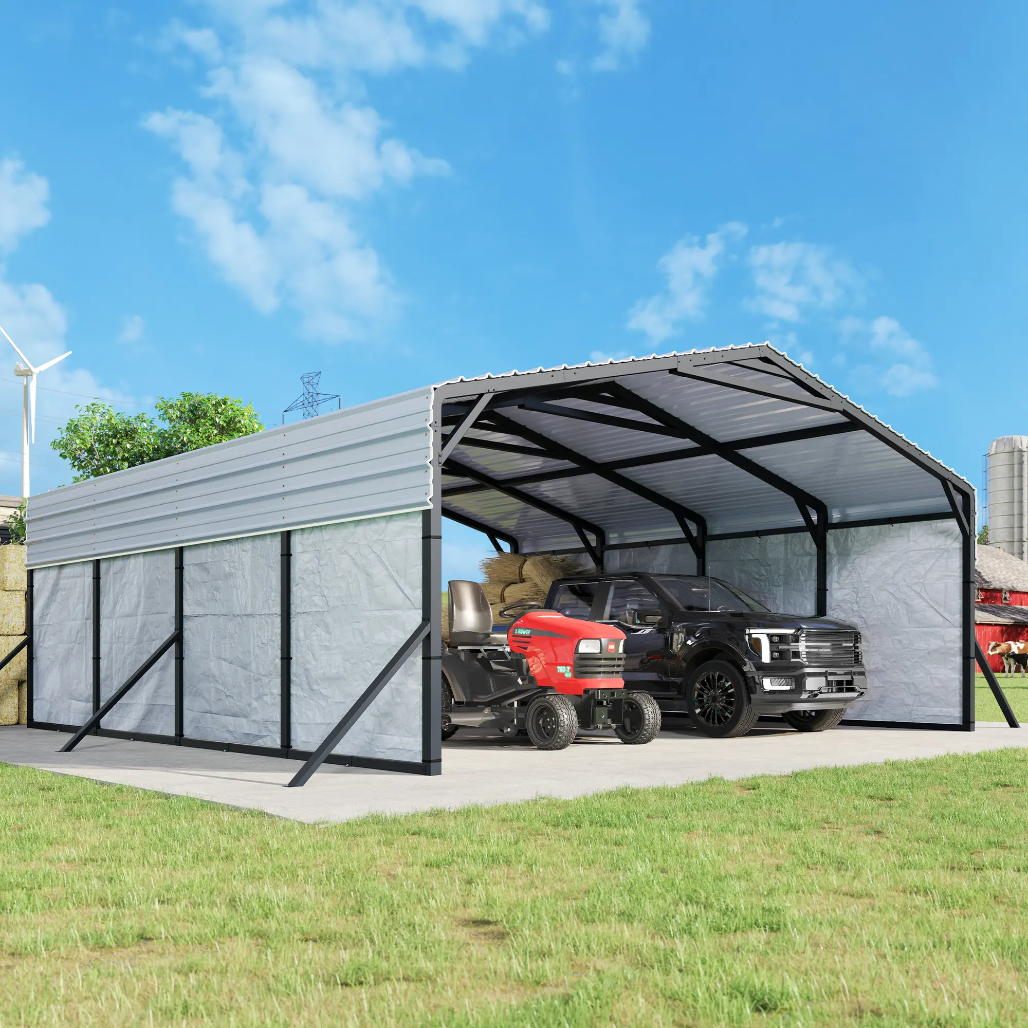 AMERILFE 2 Different Metal Carport, 12x20 FT/20x20 FTHeavy Duty Outdoor Shelter with Removable Waterproof Sidewalls, 12x24 FT 2-in-1 Carport with Storage Shed, 2 Transparent Panels and Double Doors. For All-Weather, car Canopy for Car, Boat